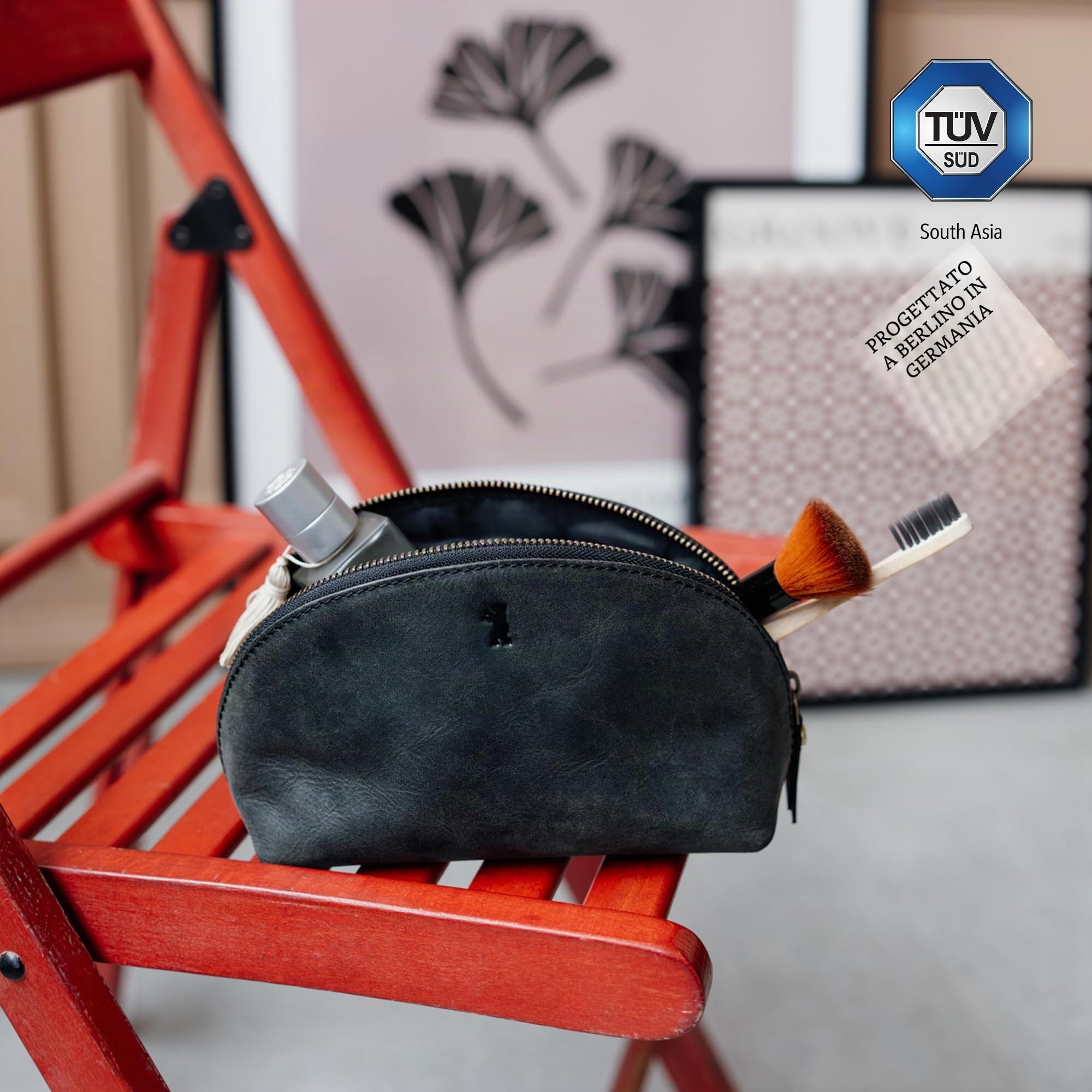 Berliner Bags Vintage Beauty Case Zoe, Trousse in Pelle con Cerniera per Trucchi Oggetti Viaggi, Borsetta per Donna - Grigio Scuro