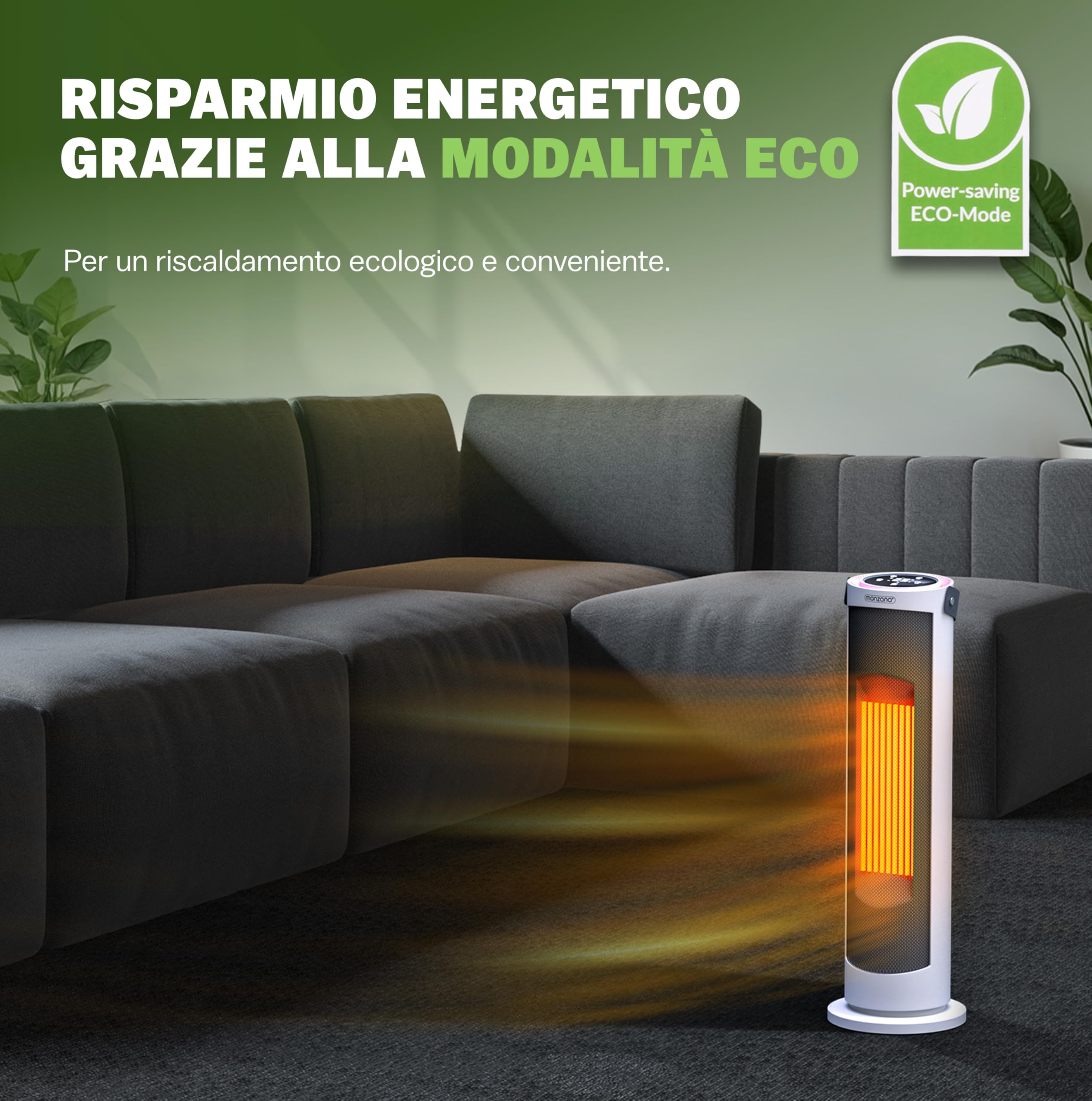 Monzana Termoventilatore da 2000W 15-35°C Modalità ECO Teleocmando Display Touch LED Luminosi