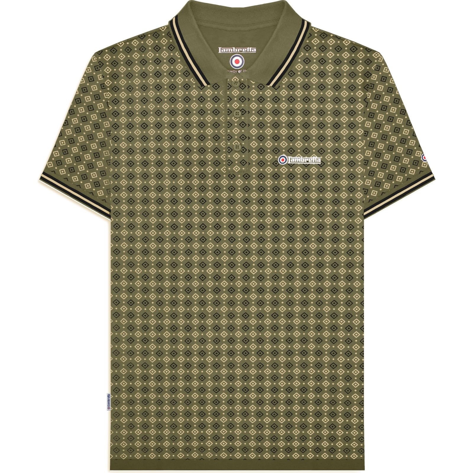Lambretta Mens Geometric Allover Print Polo Shirt - Khaki - L