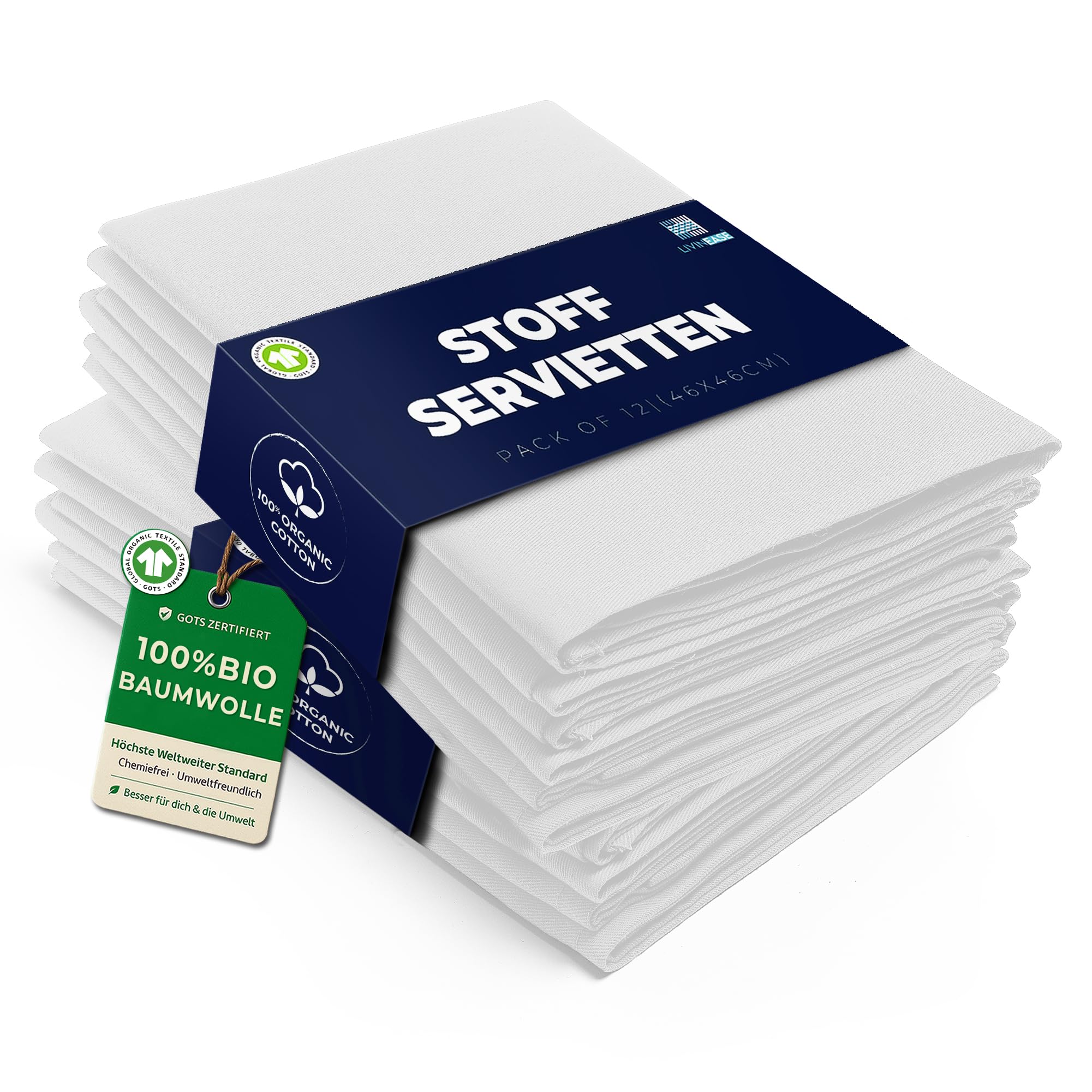 LivinEase Stoffservietten aus Baumwolle – 12 Stück Weiß Tischservietten – 100% Baumwolle, Wiederverwendbare große Stoffservietten 46 x 46 cm für den Weihnachtstisch (White)