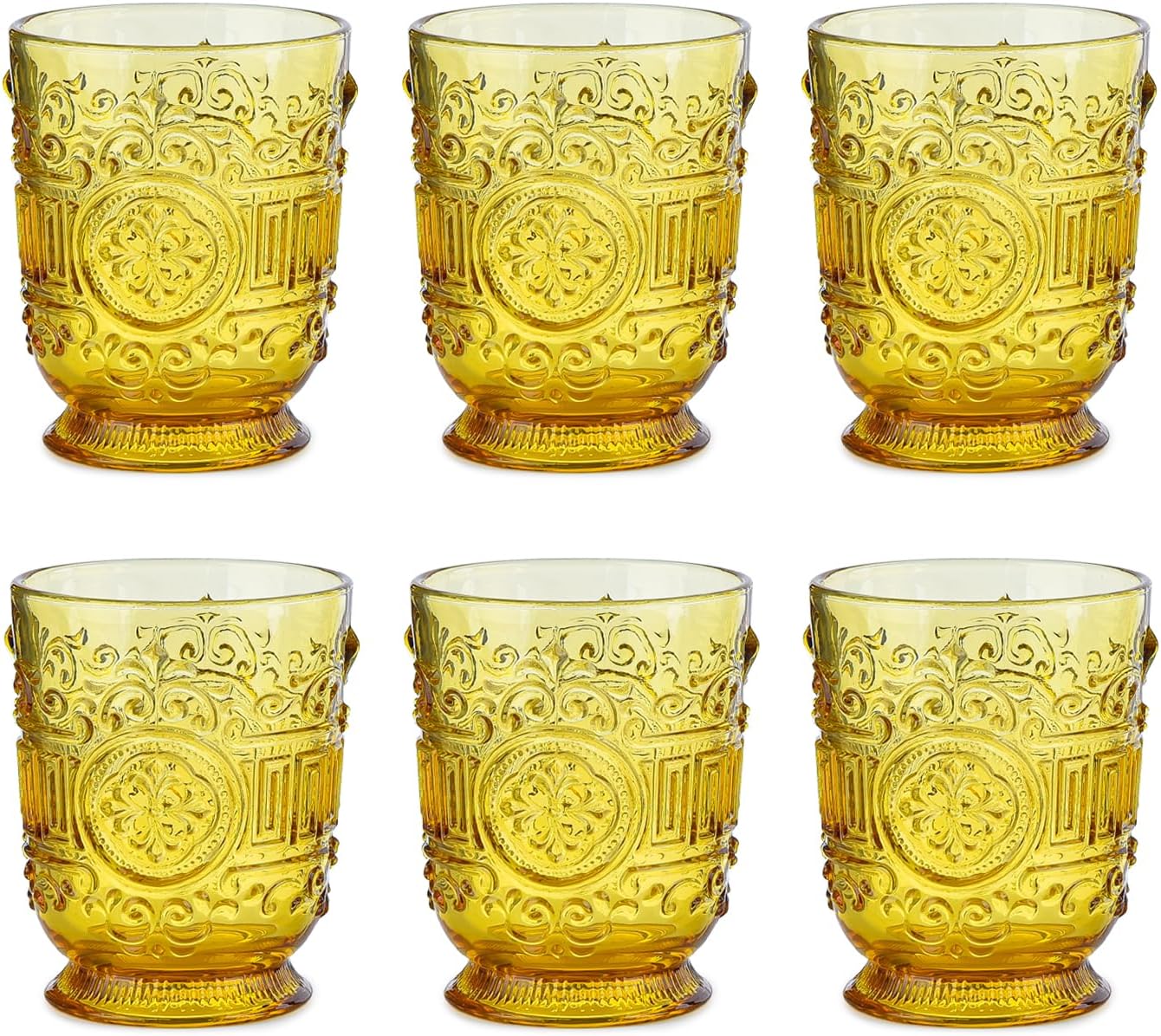 Sungmor Vintage Old Fashioned Glasses Beverage Cups, Set of 6 Amber Color Tumblers Lowball Glasses, 10 oz Whiskey Cocktail Drinking Glassware, Embossed Design Water Cups Juice