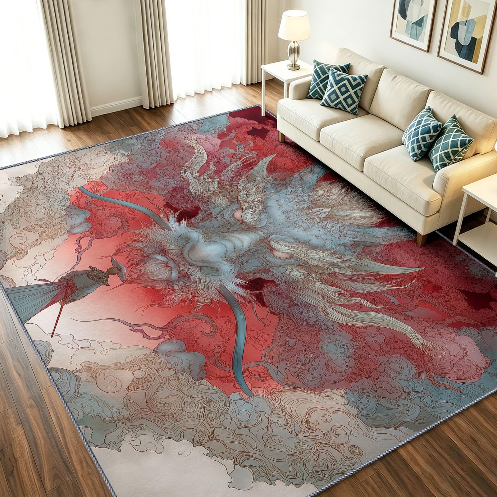 Alfombra Dragon Samurai lavable blanca para comedor y salón con base antideslizante 60x90