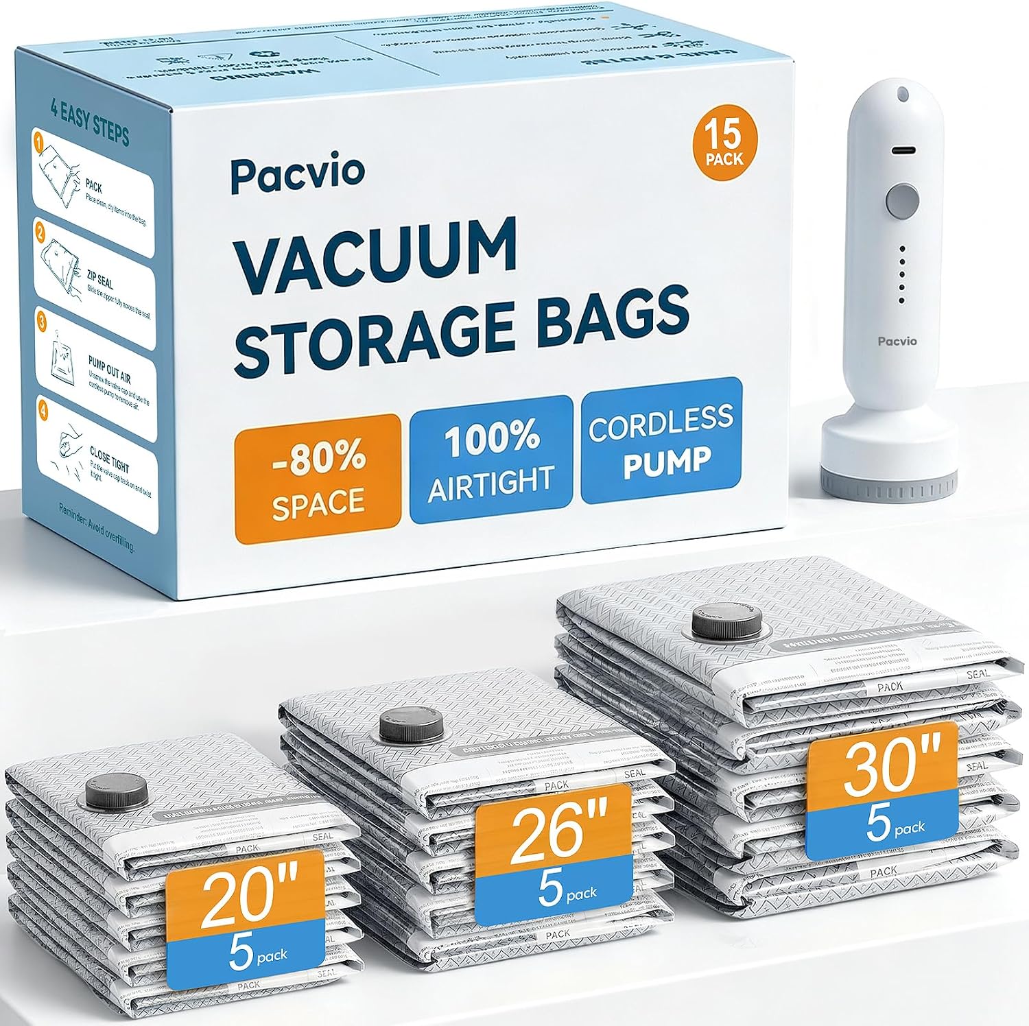 Travel Vacuum Storage Bags, Airtight Space Saver with Pump, 15 Pack