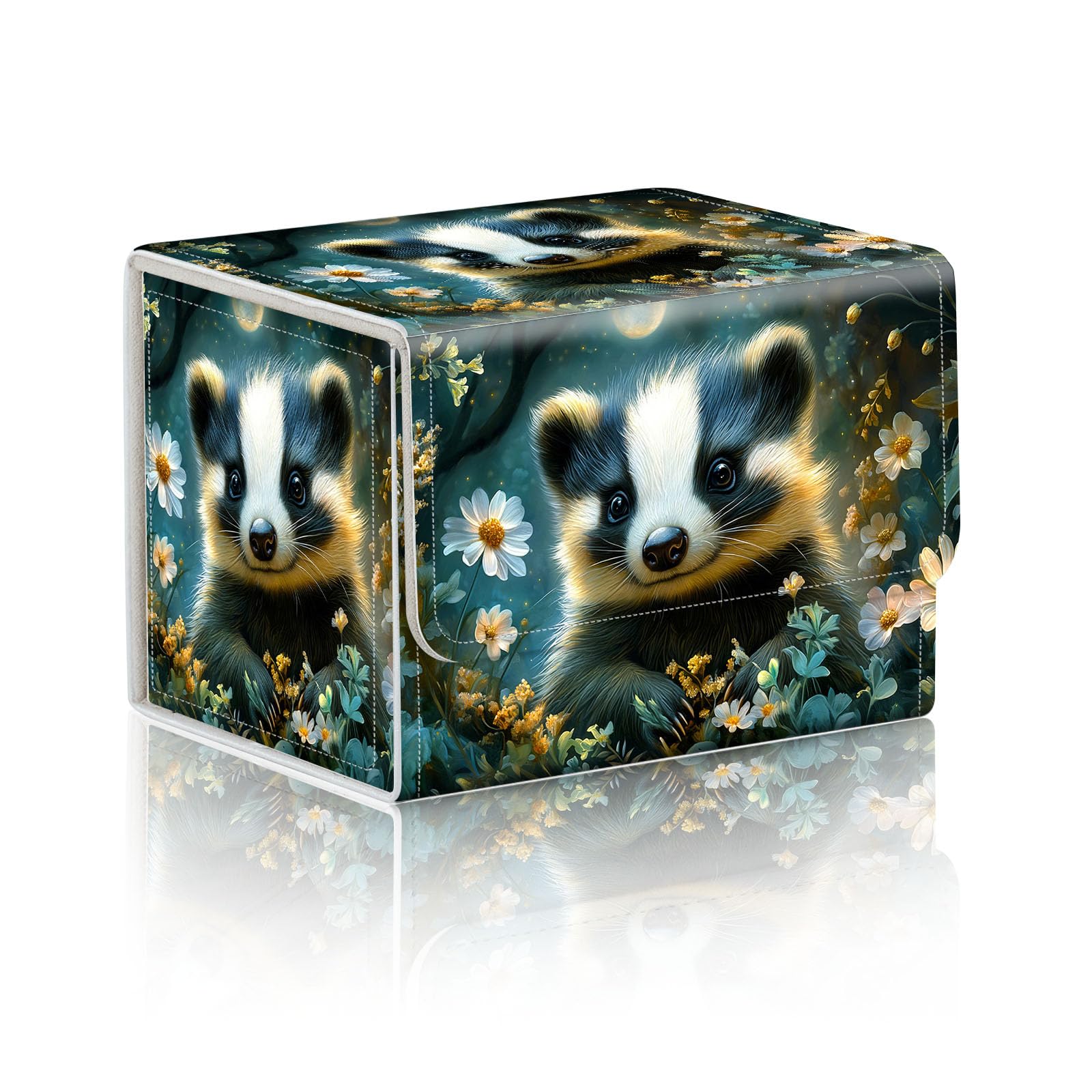 DISUOFEART Trading Card Storage Box, Holds 100+ for MTG Cards, PU Leather with Magnetic Closure, Badger in Moonlit Wildflowers Durable Deck Box for Magic the Gathering, Trading Card Games