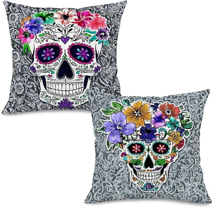 Day of The Dead Sugar Skull Pillow Covers 18x18 Inch Set of 2 – Double-Sided Colorful Floral Skull Throw Pillow Cases – White Linen Halloween Decorative Cushion Covers for Sofa, Couch, Home Decor