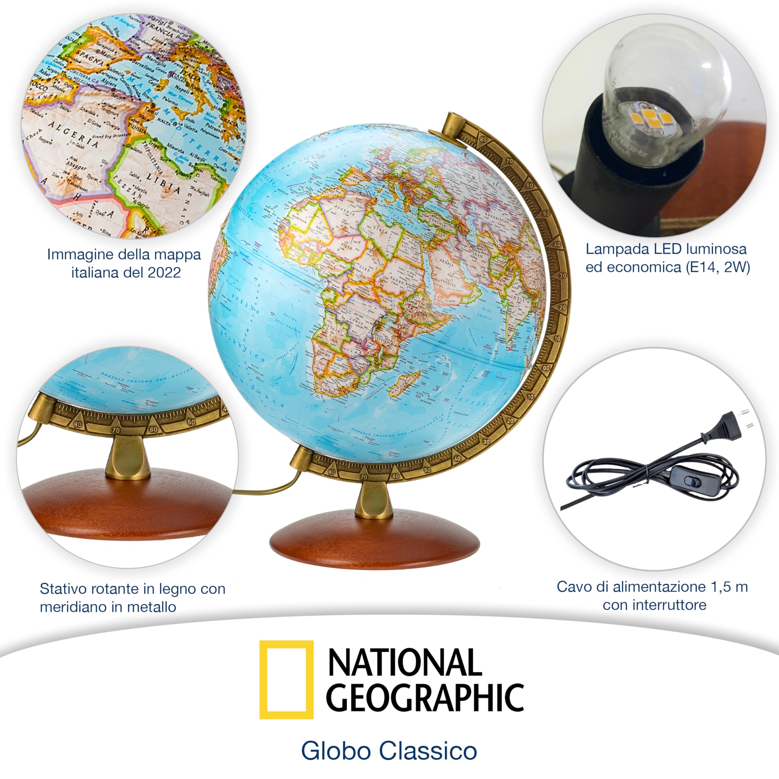 National Geographic - Mappamondo illuminato in stile Classico -30 cm con base stabile e meridiano in metallo, immagine della mappa 2022 fisica/politica con luce LED, immagine della mappa italiana