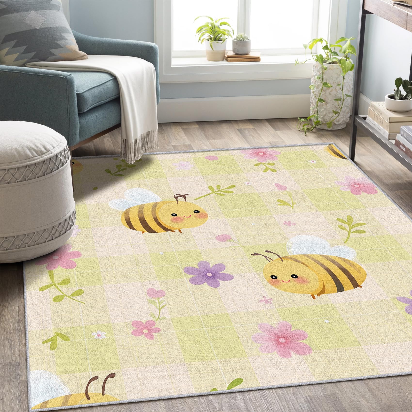 Tapis enfant fleur et abeille vert clair 120x120 cm lavable