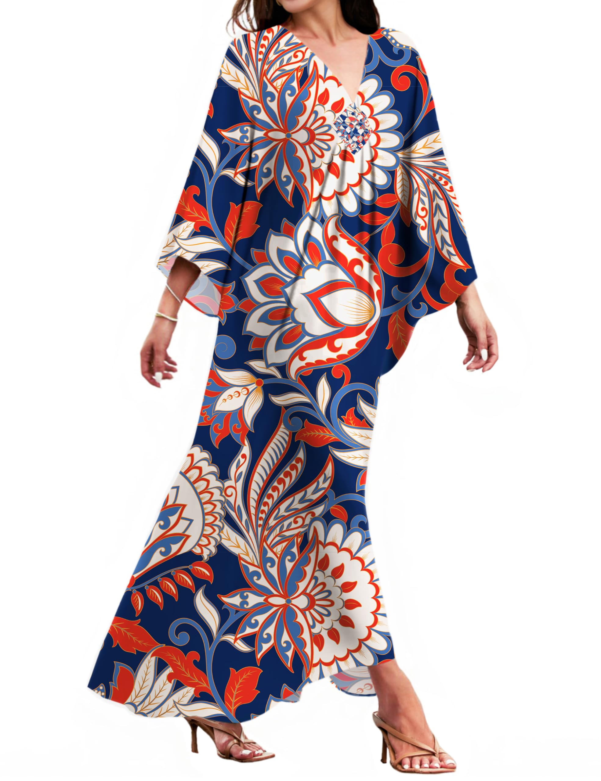MAKABO Kaftan Dresses for Women V Neck Moo Moos Colorful Print Cover Ups | 100% Viscose Soft Skin Friendly, Breathable, Caftan Beach Dresses for Swimwear, Multi Pattern, Great Party Choice