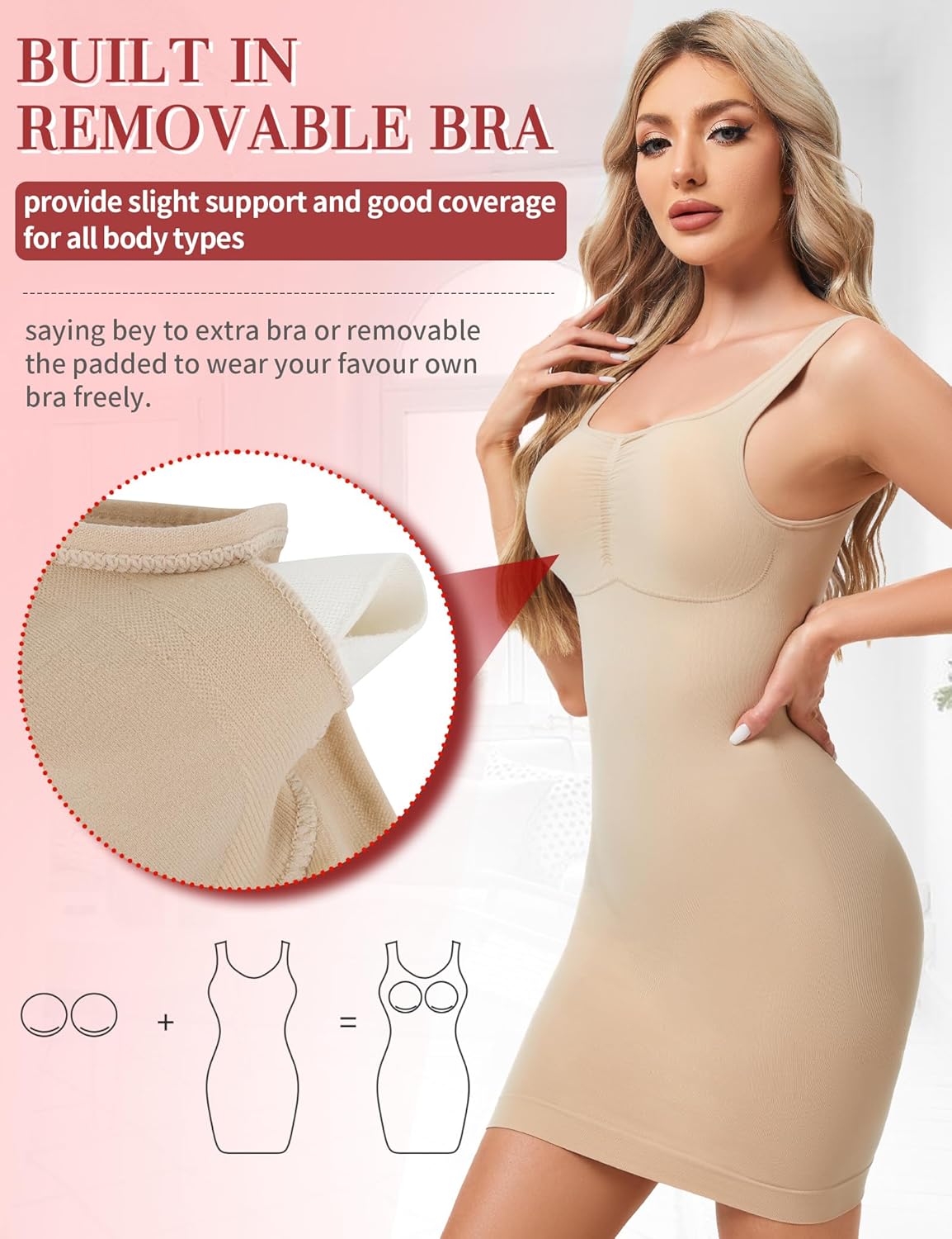 SLIMBELLE Built In Bra Shapewear Dress Slip For Women Square Neck Cami Tummy Control Full Slip Shaper Under Dresses - Image 2