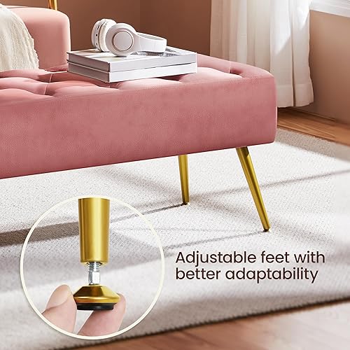 Miniatura 8 de Yaheetech Banco Otomano Moderno de Terciopelo Banco Tapizado Reposapiés para Sala de Estar con Patas de Metal Dorado y Asiento Acolchado Rosa