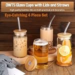 Iced Coffee Cups,Glass Cups with Lids and Straws 4 pcs,Smoothie Cups,16 oz Glass Tumbler with Straw and Lid-Beer Glasses Drinking Set,Clear Cups as Coffee Bar Accessories Gifts Must Haves