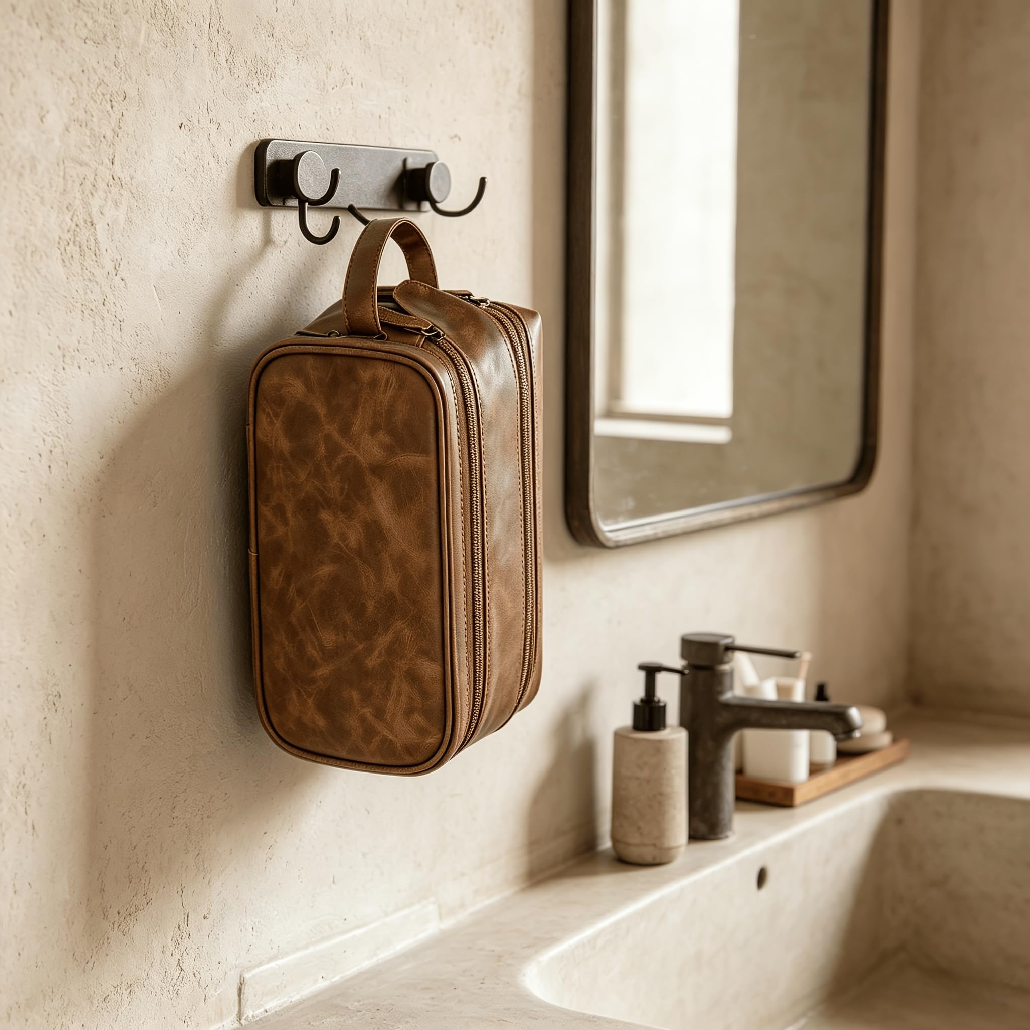 Kulturbeutel im Vintage-Stil, geeignet für Reisen, große Kosmetiktasche mit Mehreren Fächern, doppeltem Reißverschluss und Tragegriff Oben, leichtes Dopp-Kit für Business-Wochenende (Kaffee)