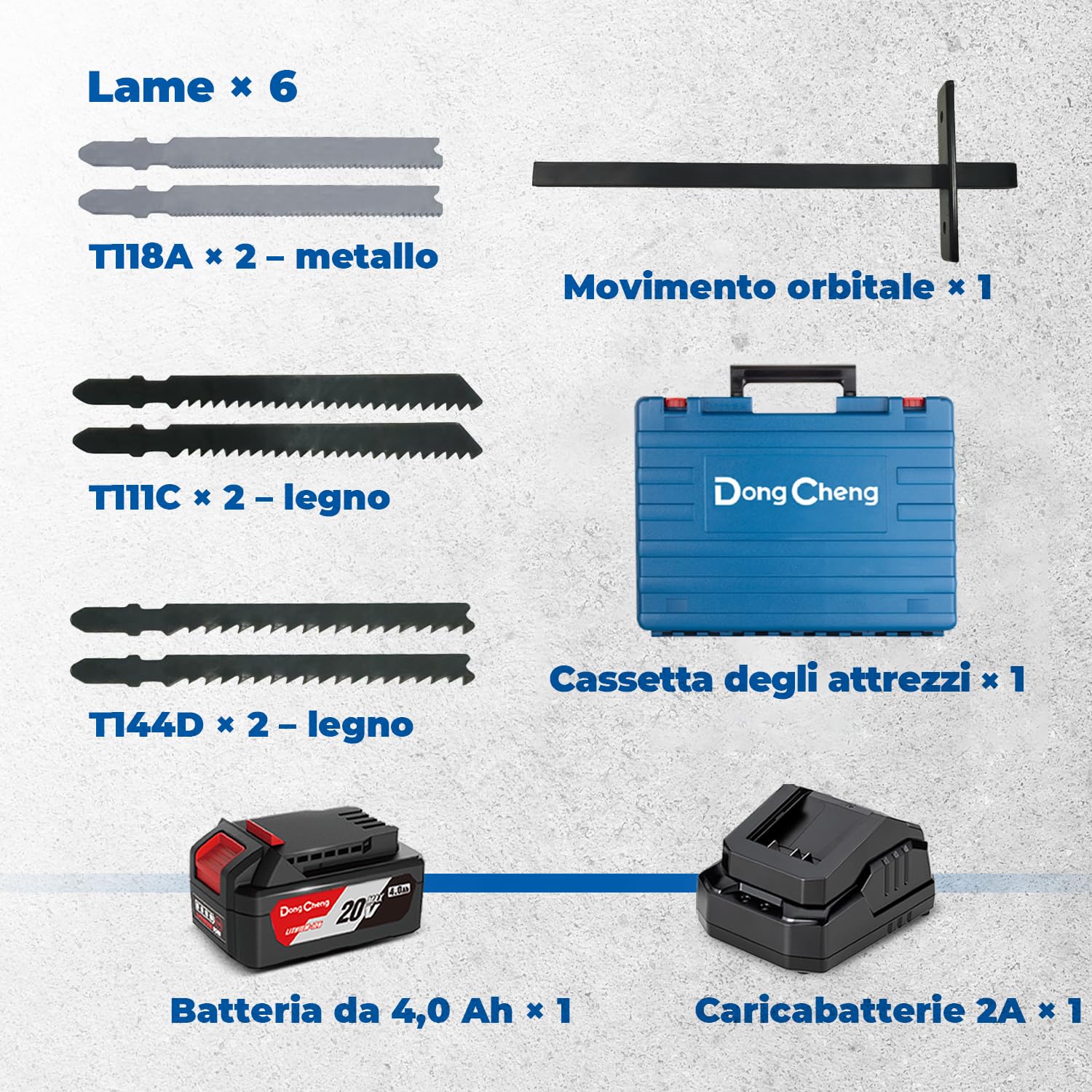 Dong Cheng Seghetto Alternativo 18V Senza Spazzole | Pendolo 800-3500 SPM | Taglio 0-45° | 6 Velocità | Con Doppio LED, Soffiatore, Batteria 4Ah, Caricabatteria, 6 Lame & Valigetta