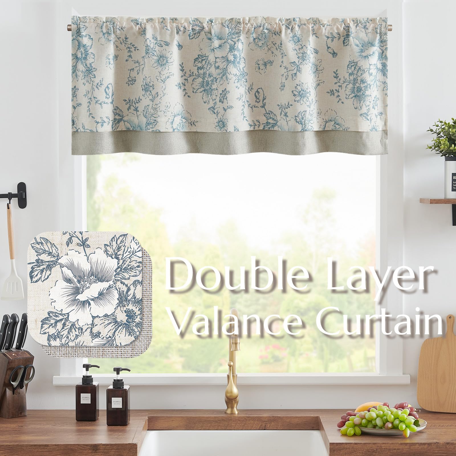 TOPICK Floral Kitchen Curtains Short Cafe Curtains Blackout Double Layer Curtain Valance for Sink Living Room Cabinet Small Window Rod pocket 1 Panel Blue on Beige 18 Inch Drop - Image 3