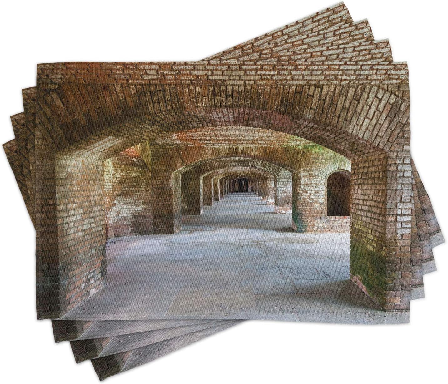Ambesonne Vintage Place Mats Set of 4, Brick Arches Dry Tortugas Old Fort Historic Heritage Tourist Attraction Vintage Design, Washable Fabric Placemats for Dining Room Kitchen Table Decor, Brown