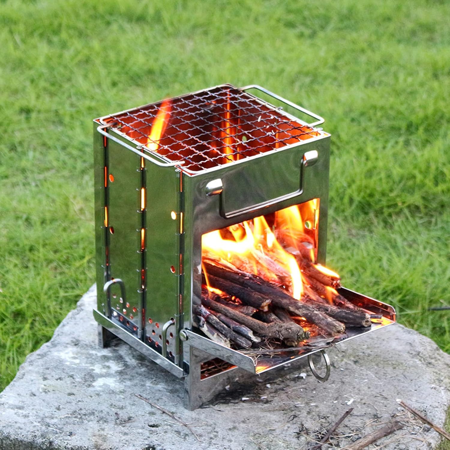 Integrated Folding Firewood Stove, Outdoor Camping BBQ Grill, Stainless Steel Plug Pin Type Wood Burning Stove with Grill Top for Backpacking and Picnics