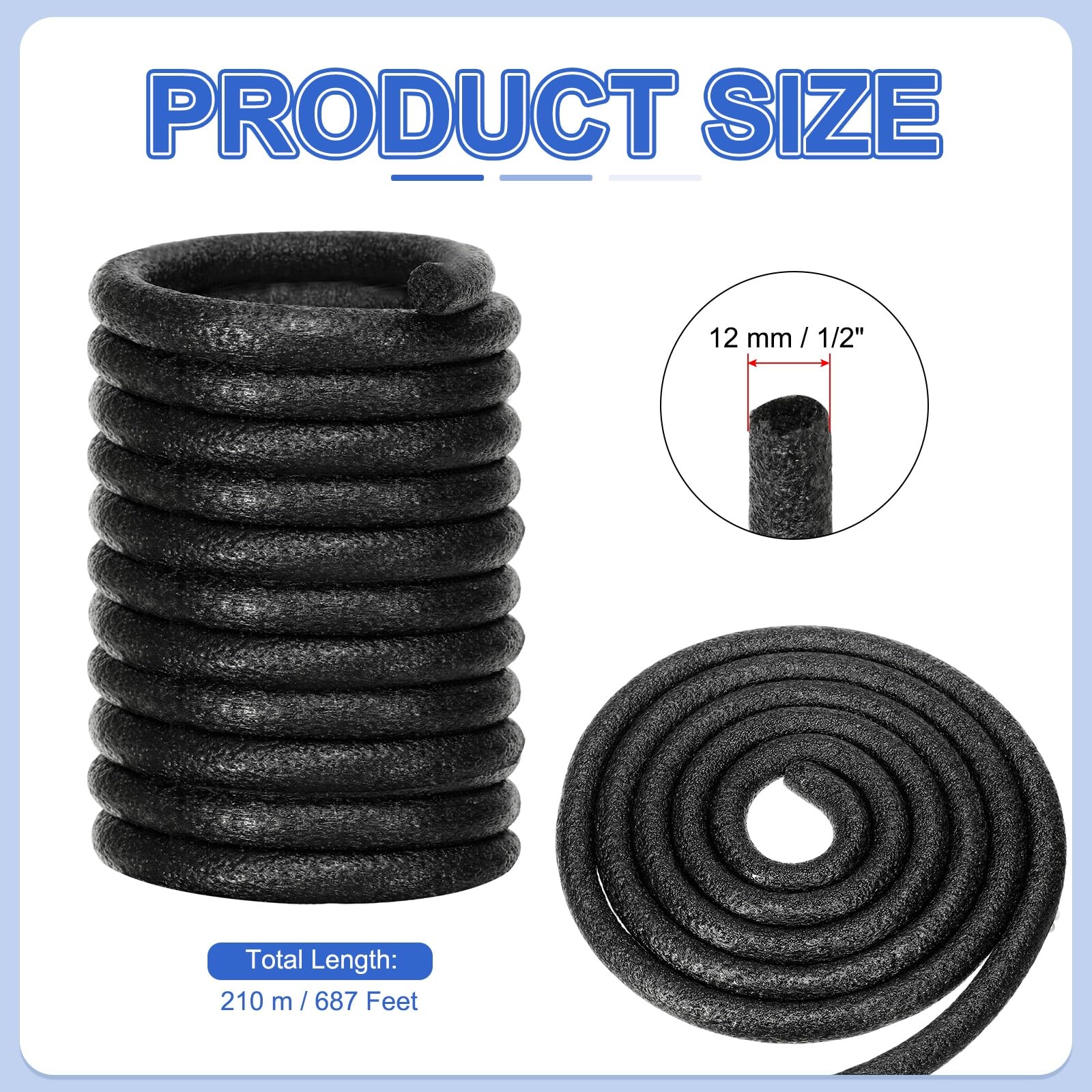 PATIKIL Barra De Soporte De 1/2 Pulgada (12 Mm) De Diámetro X 687 Pies Para Huecos Y Juntas, Rollo De Espuma Para Rellenar Grietas Y Sellado, Cinta De Aislamiento, Negro