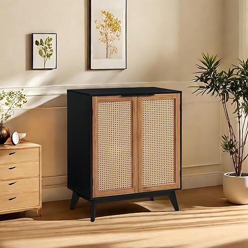 EFURDEN Storage Cabinet with Rattan Decorated Doors, Black Kitchen Buffet Cabinet with Storage, Bathroom Storage Floor Cabinet with Large Storage Space