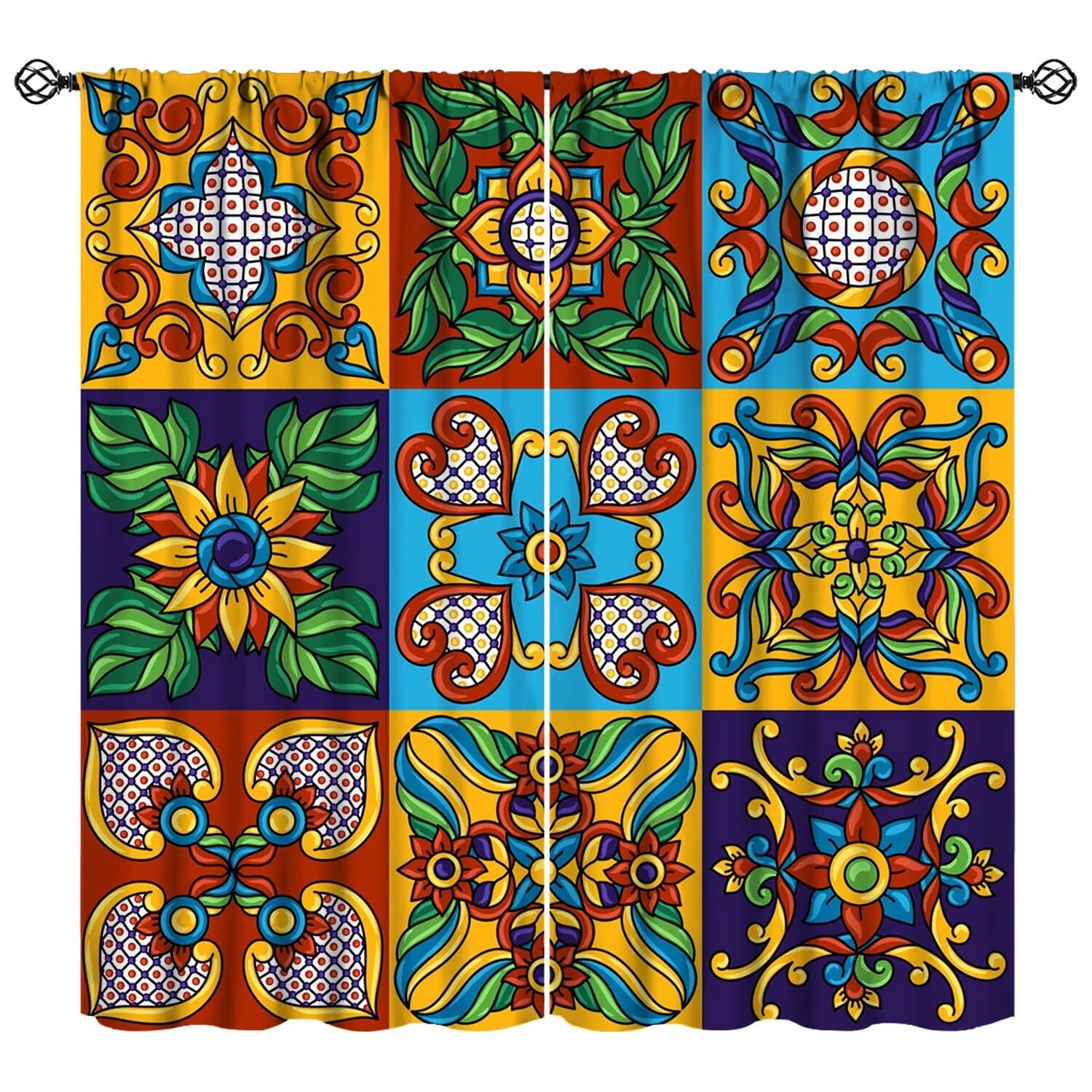 JESTRONRY Mexican Element Curtains,Mexican Flowers Ethnic Folk Modern Retro Style Window Treatments Bedroom Living Room Curtain, Home Decor Rod Pocket Window Drapes 72x63 Inch Blackout