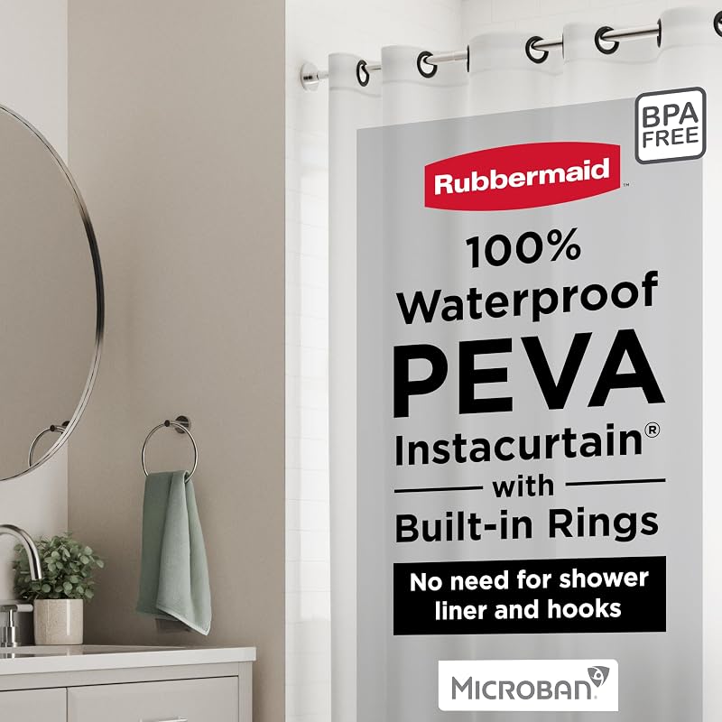 Frosty Cortina de ducha 3 en 1 sin gancho, Instacurtain de PEVA resistente al agua de 8 g para baño con imanes pesados ​​y anillos negros inoxidables incorporados, 71" x 74", Frosty