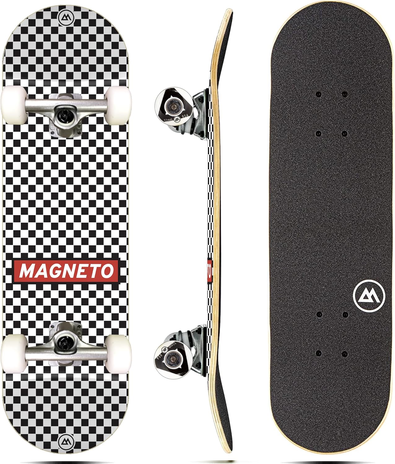 Magneto Complete Skateboard | 9-Layer Maple Wood | ABEC 5 Bearings | Double Kick Concave Deck | Kids Skateboard Cruiser Skateboard | Skateboards for Beginners, Teens & Adults (Free Stickers Included) Checkered