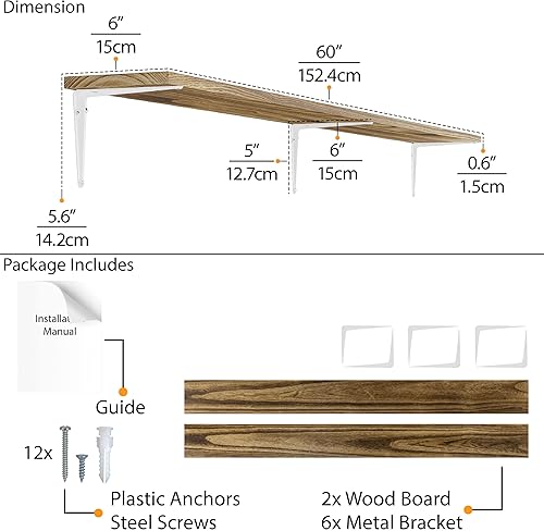 Miniatura 3 de Wallniture Arras - Estantes flotantes de madera de 60 pulgadas de largo para sala de estar, estantes de pared para dormitorio, soportes de metal