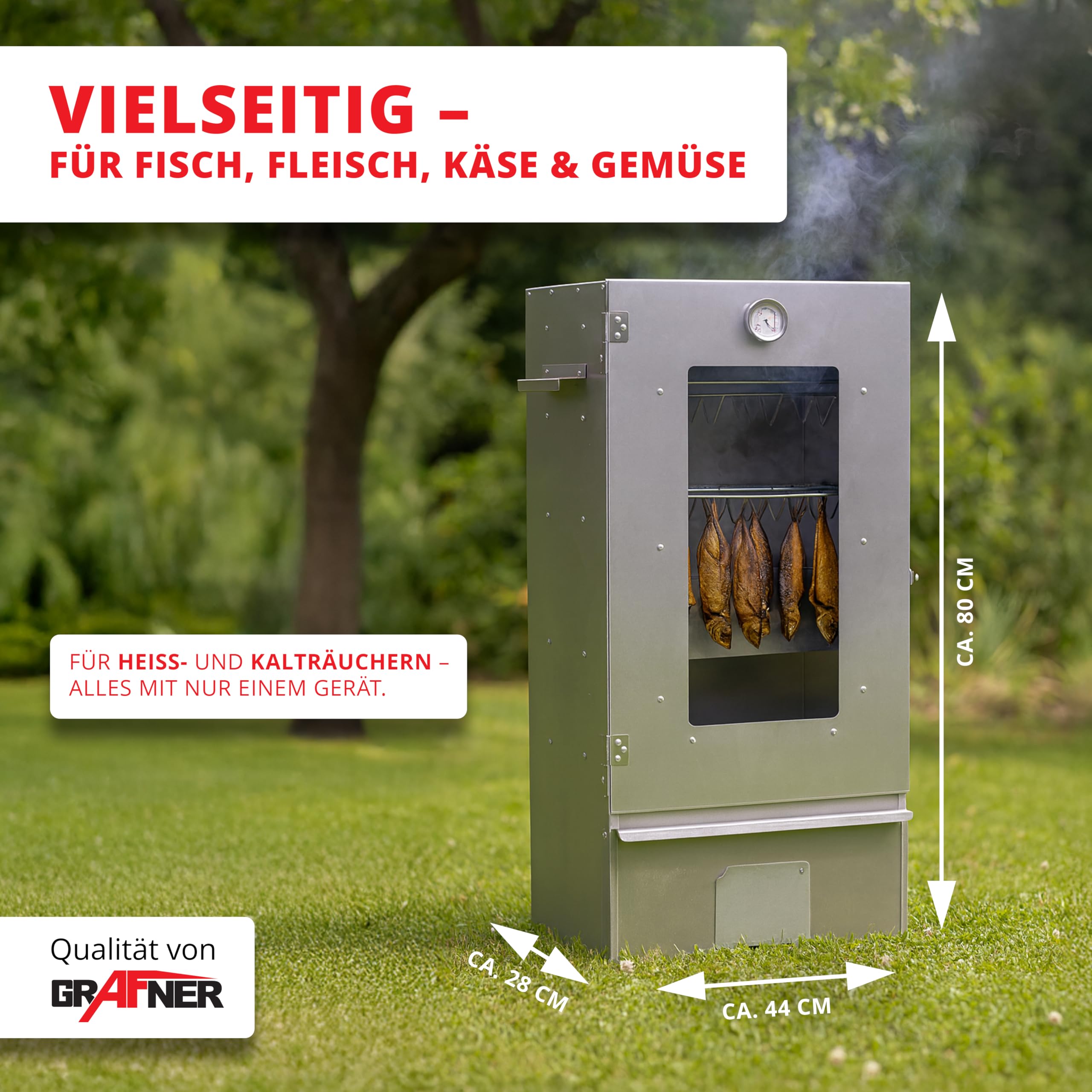 Grafner XL Räucherofen mit 3 Etagen, Sichtfenster und Thermometer, legierter Stahl, 12x Haken, Räucherschrank zum Heißräuchern und Kalträuchern, Smoker für Fisch Fleisch Käse Gemüse