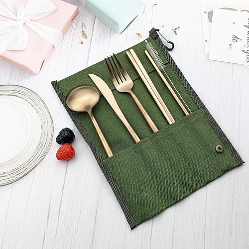 Miniatura 9 de JASHII Utensilios de campamento reutilizables de acero inoxidable con bolsa, juego de cubiertos de viaje de 7 piezas con cuchillo de pajilla,