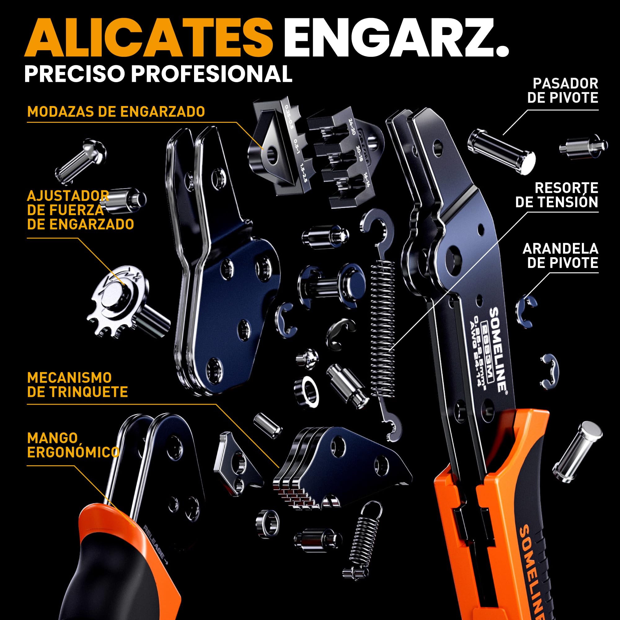 SOMELINE Juego de Alicates de Crimpado [0,25-2,5 mm²] - 6 Tipos Con Casquillos Planos, Herramienta de Empalme y Crimpado