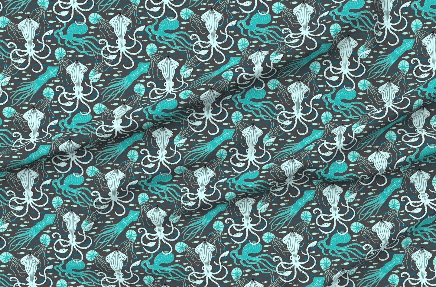 Spoonflower Fabric - Turquoise Large Squid Fish Octopus Ocean Nautical Printed on Organic Cotton Sateen Fabric by The Yard - Sewing Quilting Apparel Home Decor