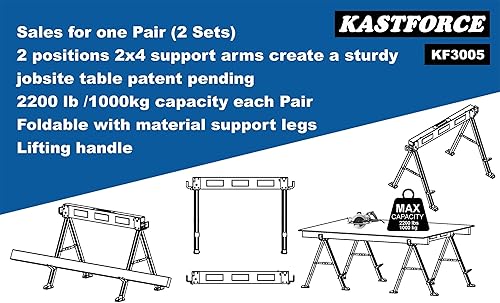 Miniatura 4 de Caballete plegable de 2200 lb/1000 kg de capacidad, soporte de mesa de trabajo resistente con patas plegables, paquete doble KF3005