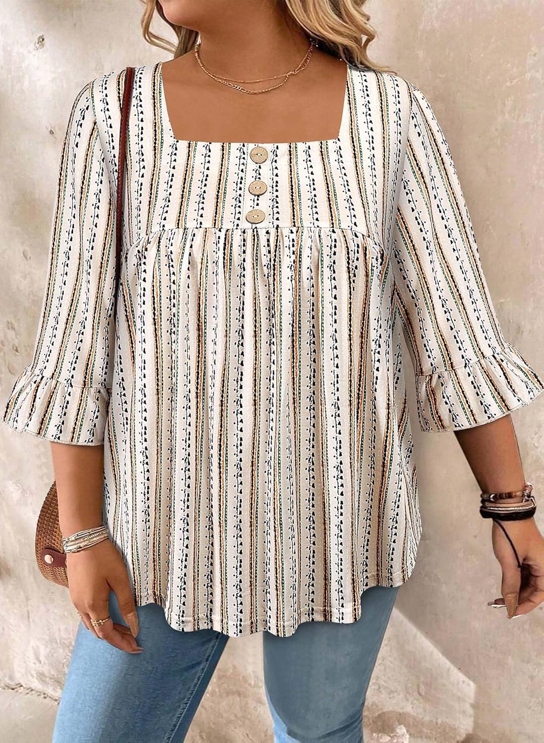 Siddhe Womens Plus Size Tops 3/4 Ruffle Sleeve Loose Fit Blouses Button Square Neck Shirt Casual Pleated Tunic Tops(1X-5X) - Image 4