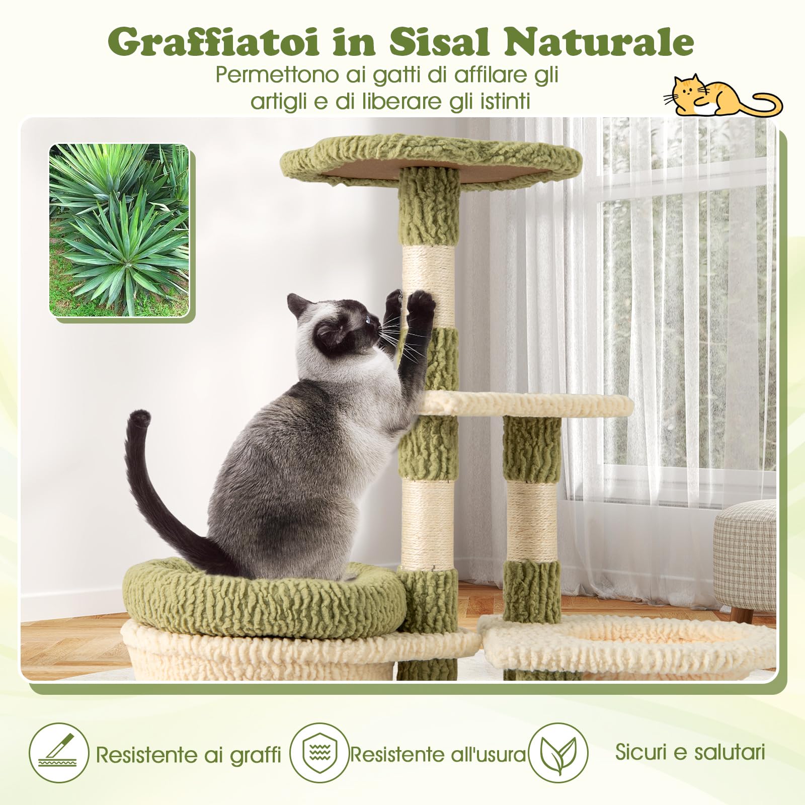COSTWAY Tiragraffi per Gatto Alto 100 cm, Albero Tiragraffi Gatto con 3 Pali in Sisal, 4 Piattaforme e Grotta, Cuccia Albero Gatto Rivestito in Peluche, Verde e Bianco