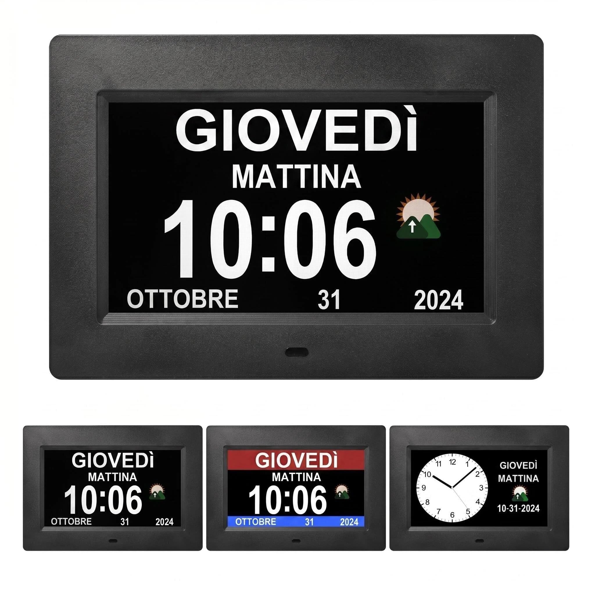 Memwake Orologio per demenza, Display con caratteri grandi, 3 modalità di visualizzazione, Molte sveglie e avvisi per farmaci per anziani e pazienti con Alzheimer. (7" black)