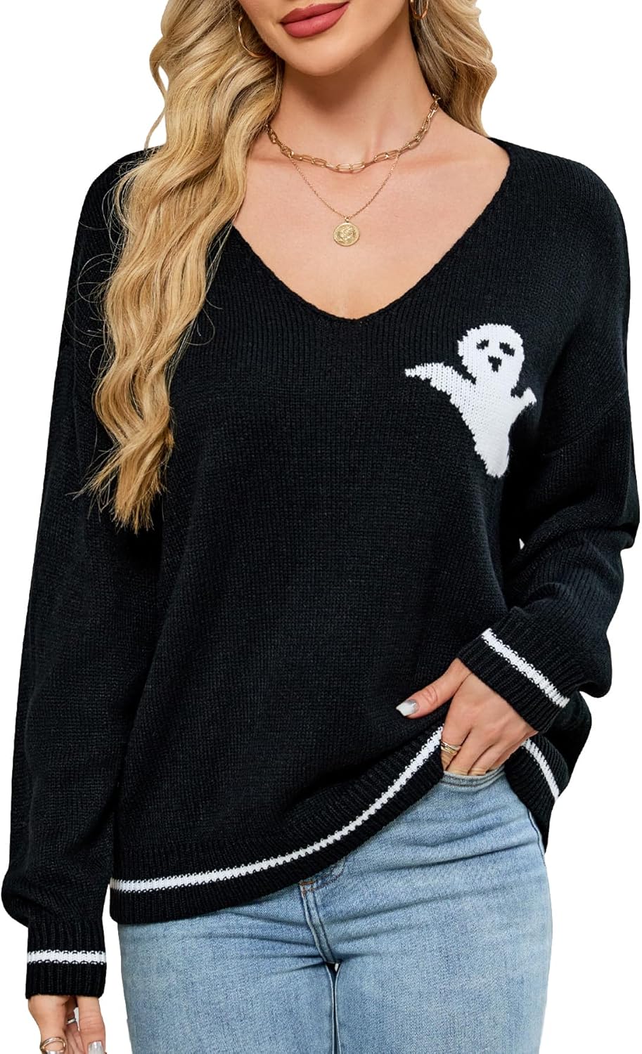 Sweaters for Women Halloween Ghost Long Sleeve V Neck Pullover Sweaters Fall Casual Trendy Loose Knit Sweater Tops