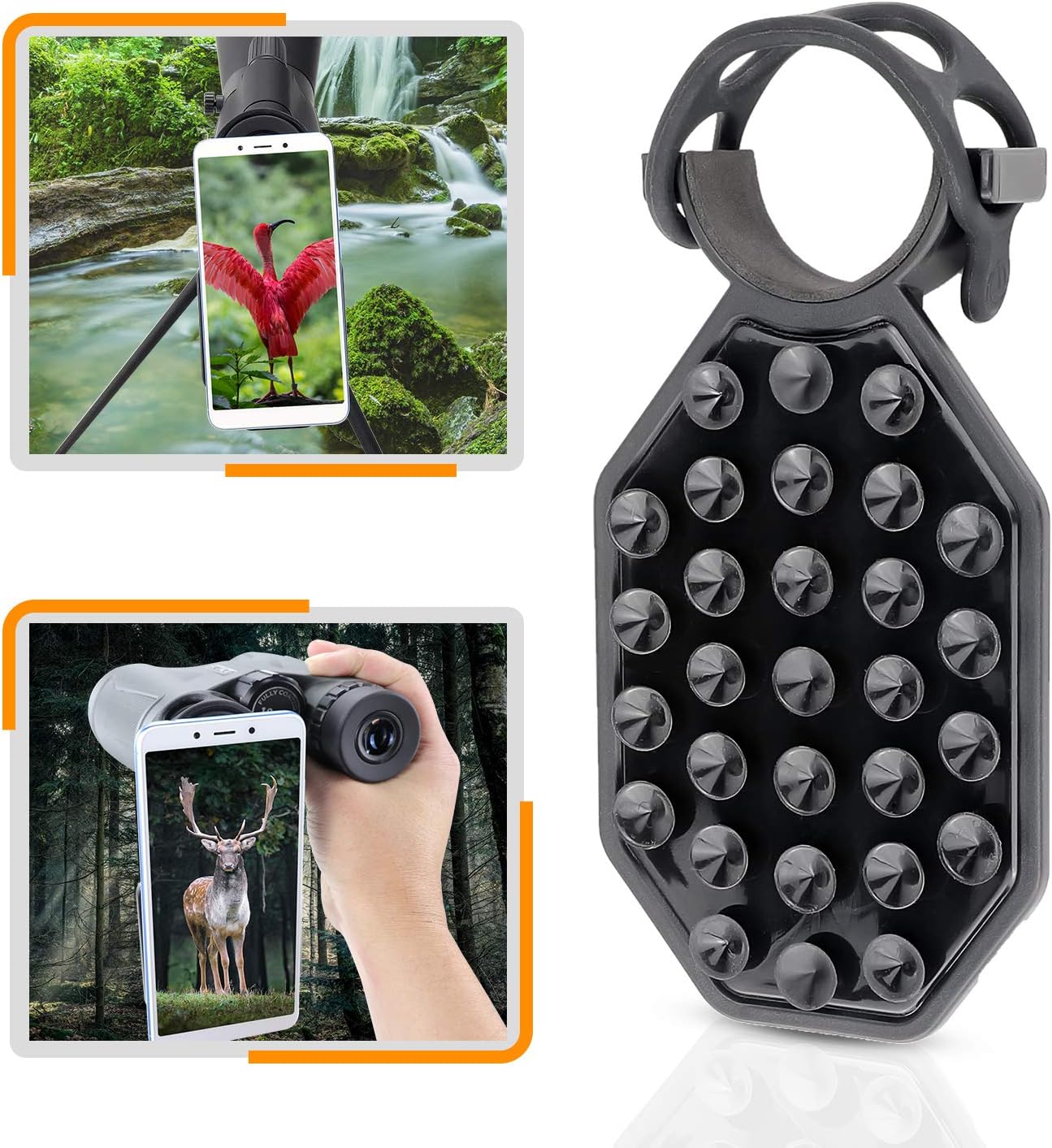 HUTACT Universal Smart Phone Mount Adapter, Silicone Suction Cup Cell Phone Adapter Mount fits Most Phones, Compatible with Binoculars & Spotting Scope, Quick Install & No Scratch【Big Size】