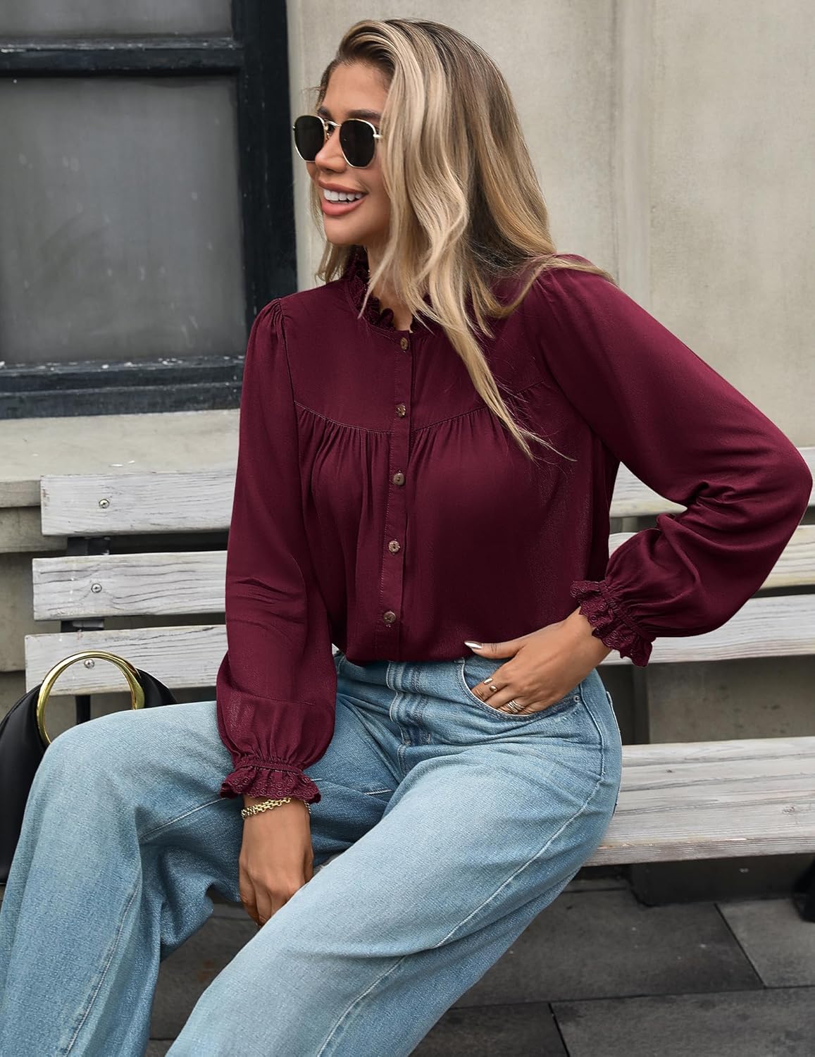 Button Down Shirts for Women Dressy Casual Blouses Long Puff Sleeve Shirts Elegant Pleated Tunic Tops Business Casual Tops Fall Solid Retro Blouses, Wine Red, XXL - Image 3