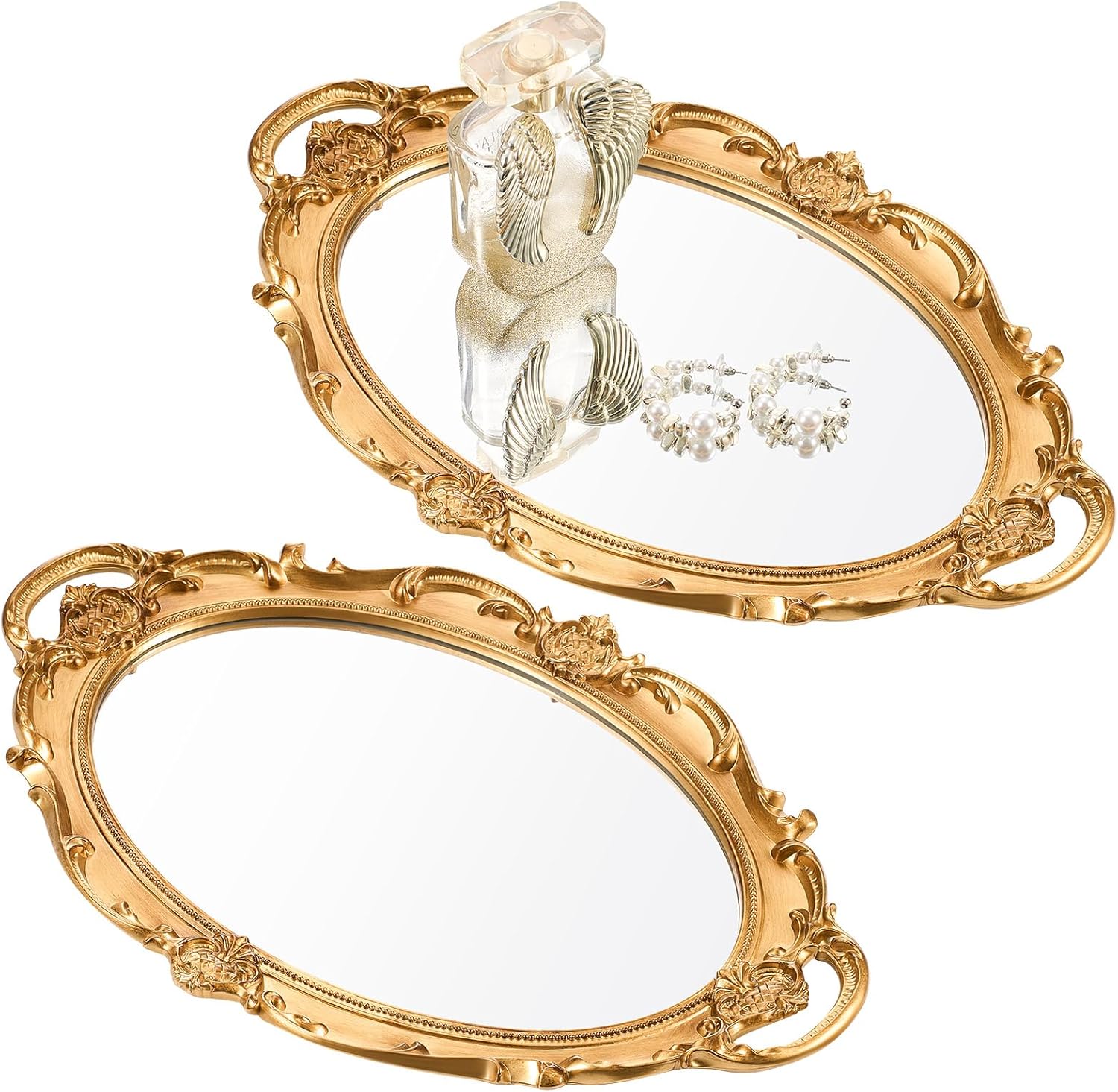 Reallnaive 2 Pcs Gold Mirror Tray Decorative Antique Vintage Mirror for Makeup Perfume Jewelry Organizer Oval Serving Tray 15.35" x 9.45"
