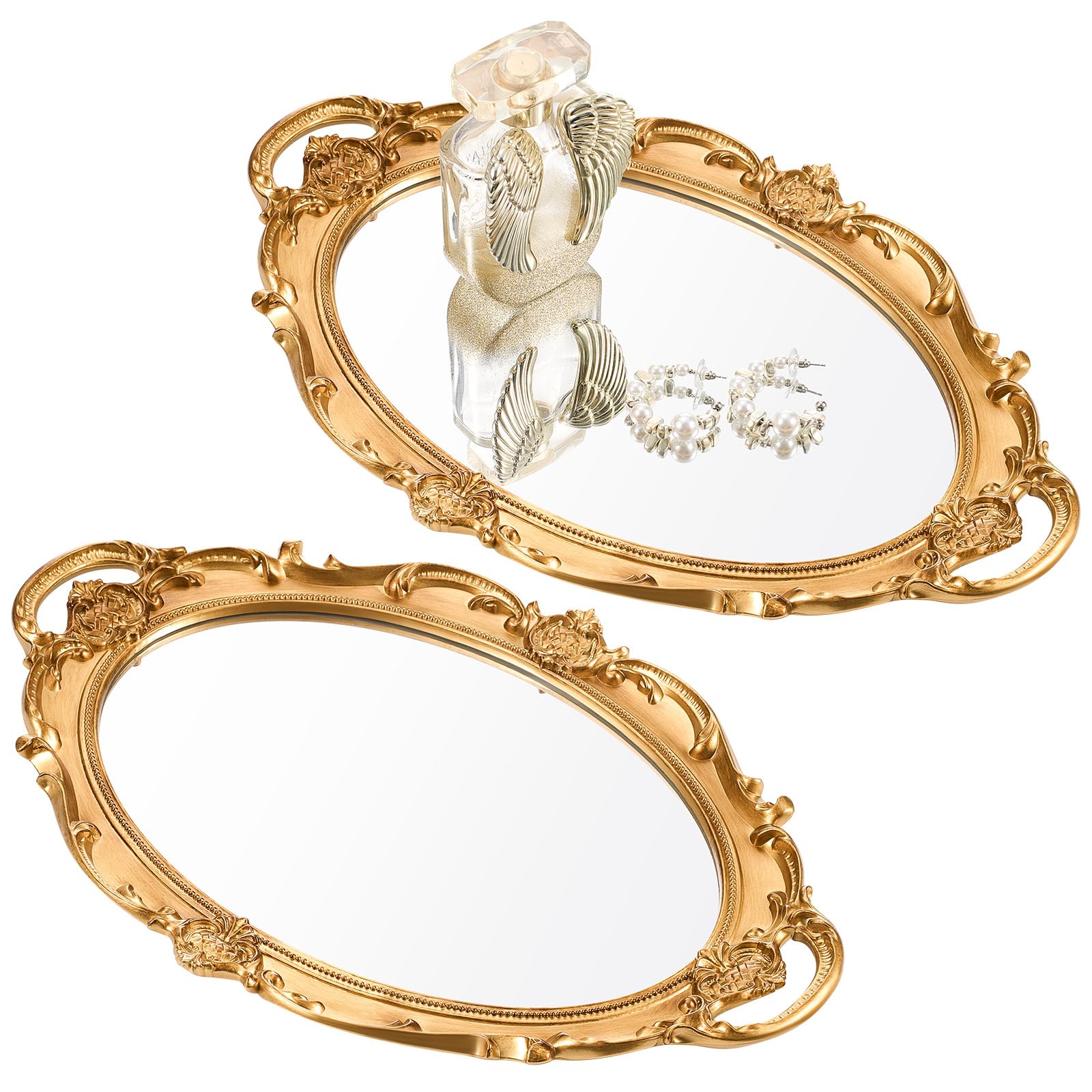 Reallnaive 2 Pcs Antique Decorative Mirror Tray Gold Makeup Organizer Gold Mirror Tray Vintage Perfume Tray Jewelry Organizer Vintage Serving Tray, 15.35 x 9.45 Inch