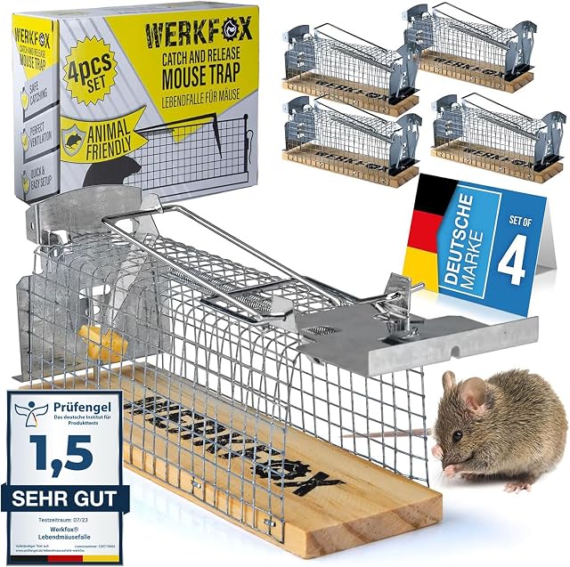 Werkfox® Żywa pułapka na myszy, Humanitarna metoda łapania myszy, Wielokrotnego użytku i bezpieczna. (4 Sztuki)