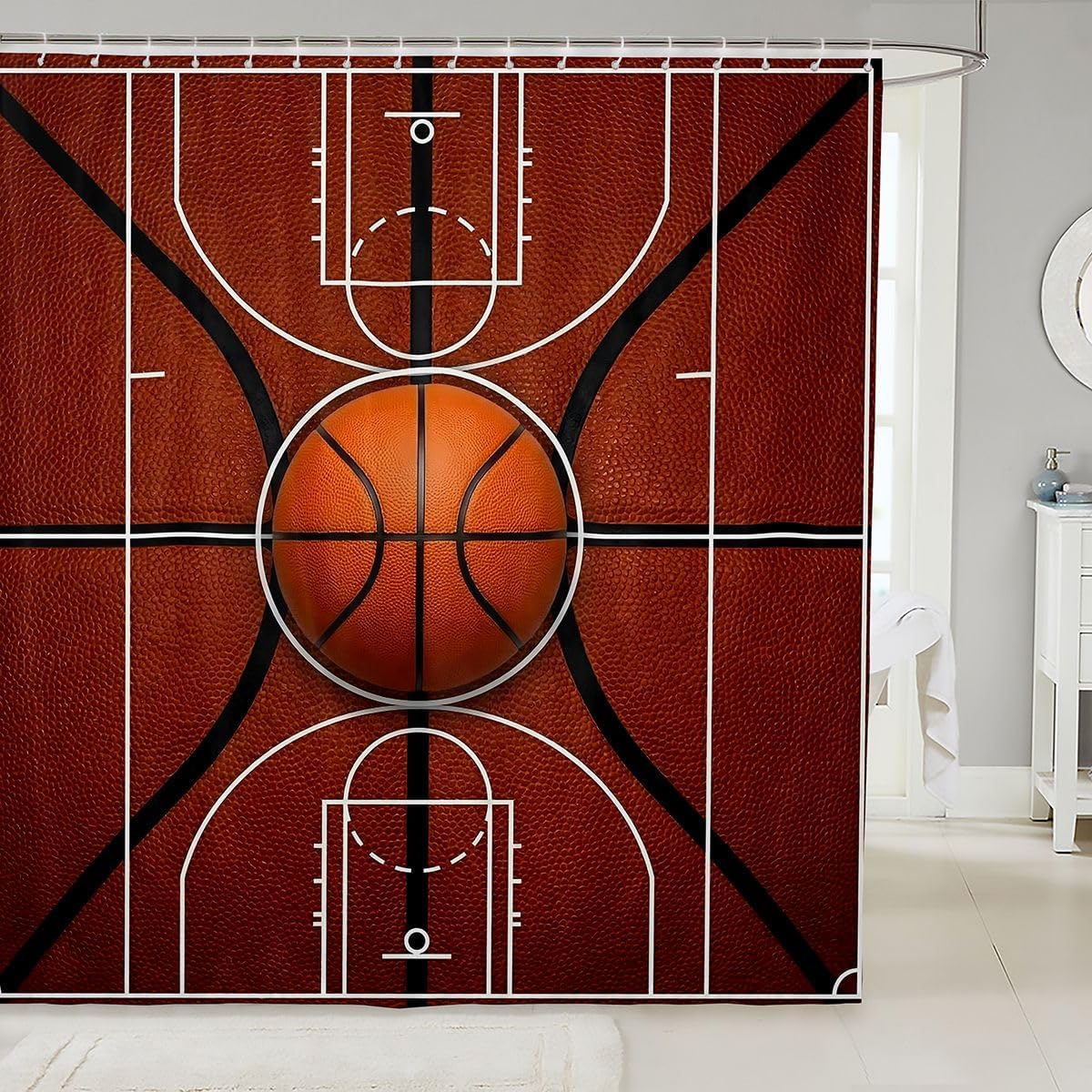 3D Basketball Court Bathroom Accessories Sports Fan Basketball Shower Curtain Ball Sports Games Bathroom Curtain For Kids Adults 72" W X 84" L Orange Brown Aesthetic Fabric Shower Curtains