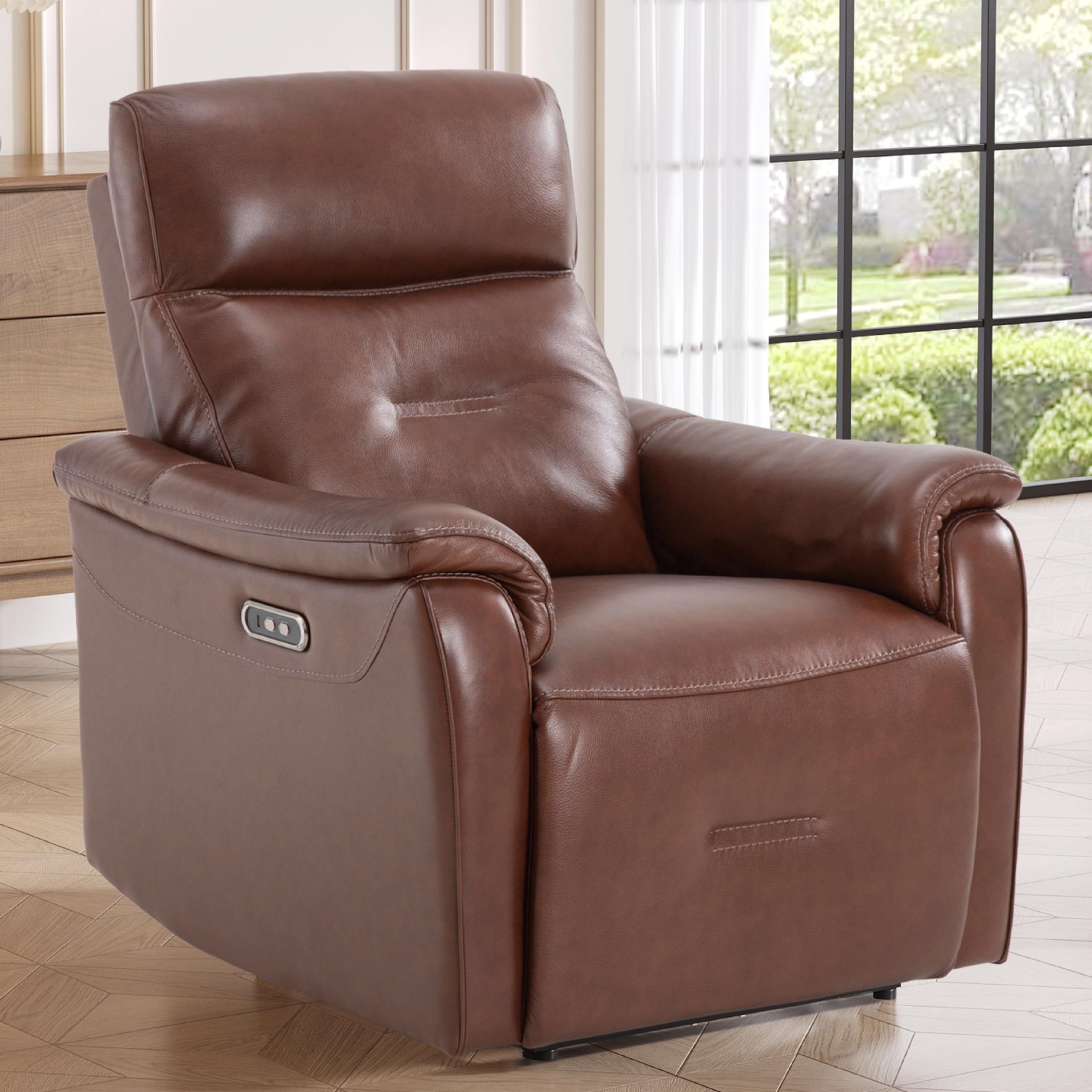 Genuine Leather Recliner Chair, Electric Power Recliner with USB and USB-C Charging Ports, Cognac Brown
