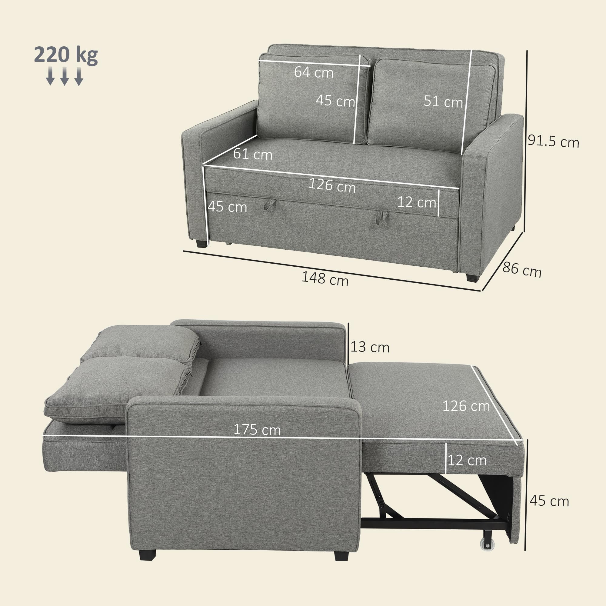 HOMCOM Divano Letto 2 Posti 3 in 1 Effetto Lino con 2 Cuscini, Divano Letto Matrimoniale Estraibile Reclinabile 3 Livelli Salvaspazio, Braccioli, Seduta Imbottita, Legno Eucalipto, Soggiorno, Grigio