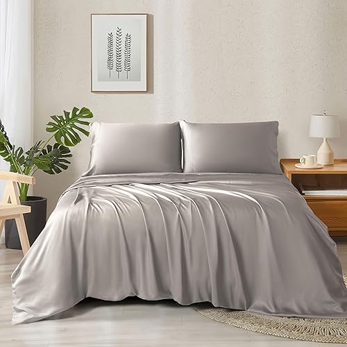 Miniatura 8 de Juego de sábanas tamaño King, 4 piezas 100% eucalipto Tencel orgánico, extra suaves, sábanas refrescantes que absorben la humedad, sábana de cama