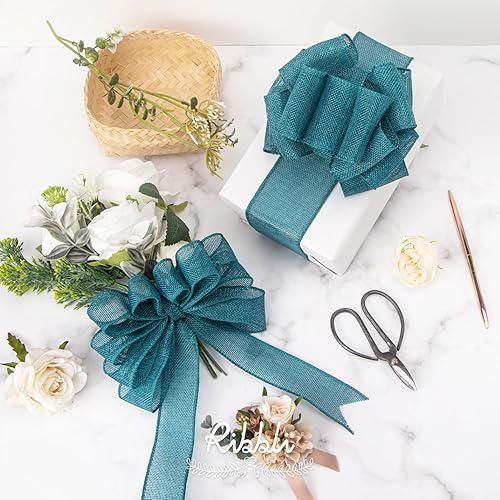 Vista 107 de Ribbli Cinta con alambre de arpillera azul marino, 2-1/2 pulgadas x 10 yardas continuas, cinta con borde con alambre para lazo grande, corona