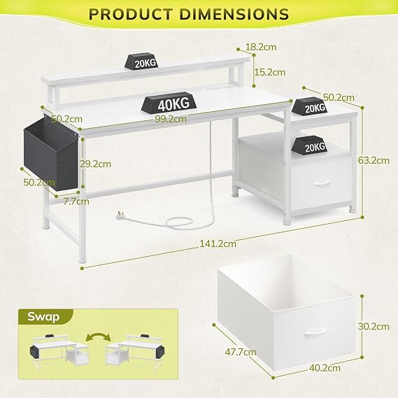 Computer Desk with Drawers & Power Outlet, 140x50cm Large, White | Printer Storage, USB Charging Ports & Power Outlets, Monitor Stand,Height Adjustable, Sturdy Steel Frame, Easy Assembly