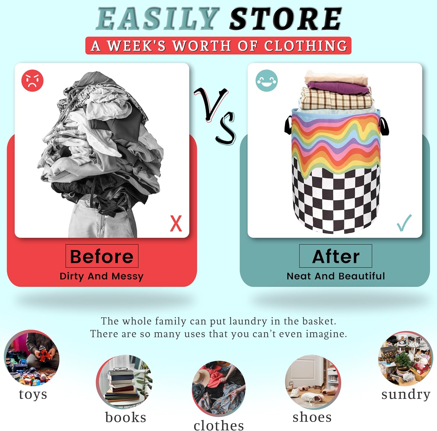 Rainbow Grey White Plaid Laundry Hamper Colorful Hippie Funny Laundry Basket With Handles Foldable Oxford Cloth Tote Bag Clothe Toy Storage Bucket 18.9x16.5For Bathroom/Laundry/Bedroom