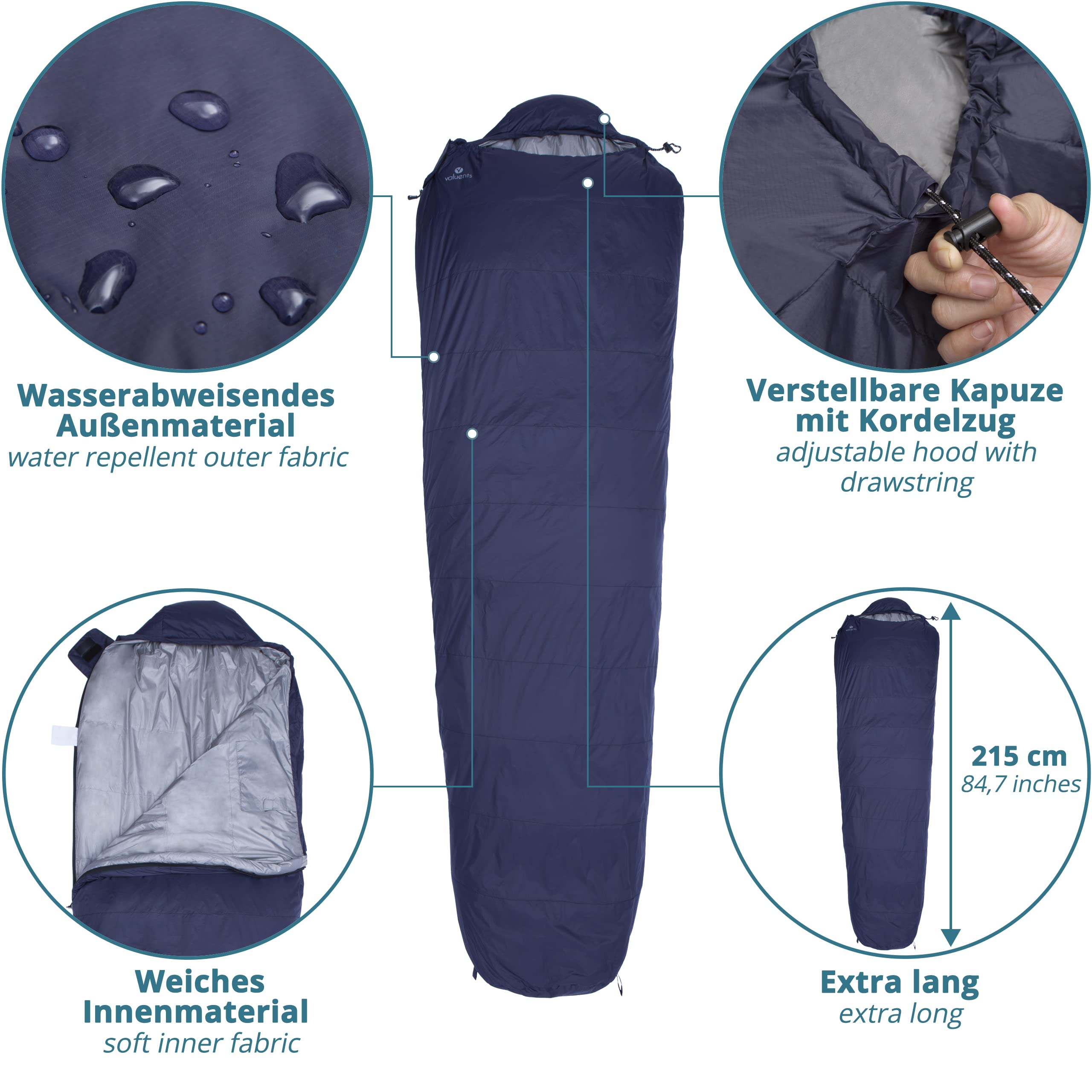 Śpiwór z pierza do użytku na zewnątrz, 215 cm, ultralekki i ciepły, wypełnienie: puch kaczy (190 g), torba do spania, mały rozmiar + plus: maska do spania i zatyczki do uszu