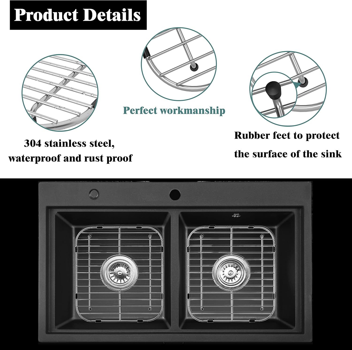 Sink Protectors for Kitchen Sink 13" x 11-5/8", 304 Stainless Steel Sink Grid protectors for Kitchen Sink with Certer Drain Hole, Metal Protector for Sink with Sink Strainers (Center Drain)