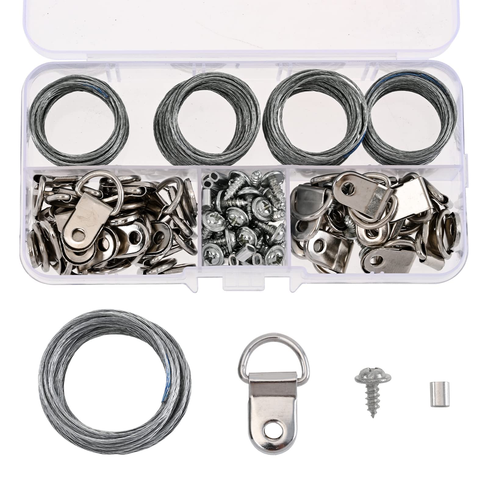 MAKINGTEC Picture Hanging Kit, 40 Pcs D Ring Picture Hooks with Screws, 4 Rolls of 10ft Picture Hanging Wire, and 40 Pcs Aluminum Sleeves for Hanging Painting Photos (124 Pcs)